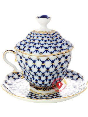 Чашка чайная с крышечкой и блюдцем форма Подарочная-2 рисунок Кобальтовая сетка Императорский фарфоровый завод