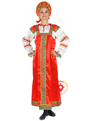 Русский народный костюм "Василиса" женский атласный красный сарафан и блузка