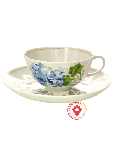 Чашка с блюдцем чайная форма "Тюльпан" рисунок "Голубая герань" Дулево